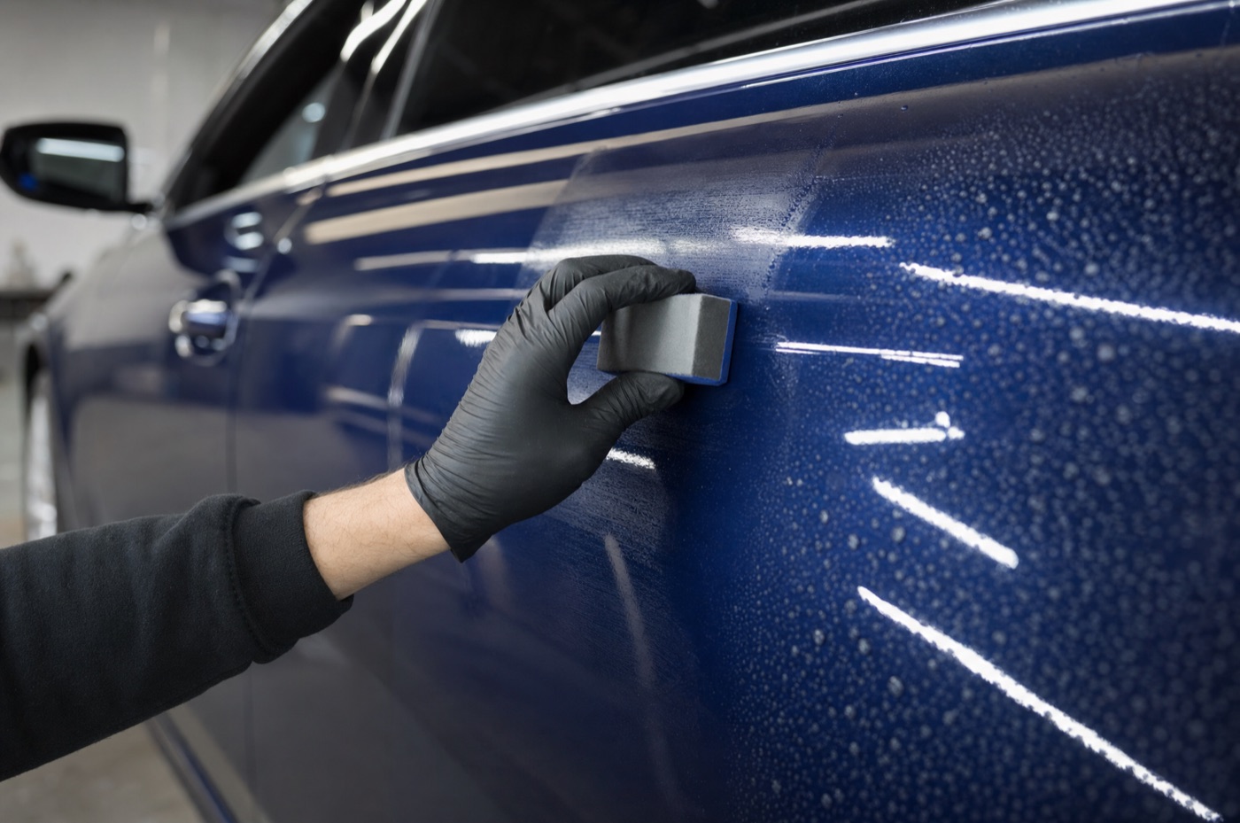 A gloved hand drawing an applicator block of ceramic coating along the door of a dark blue car