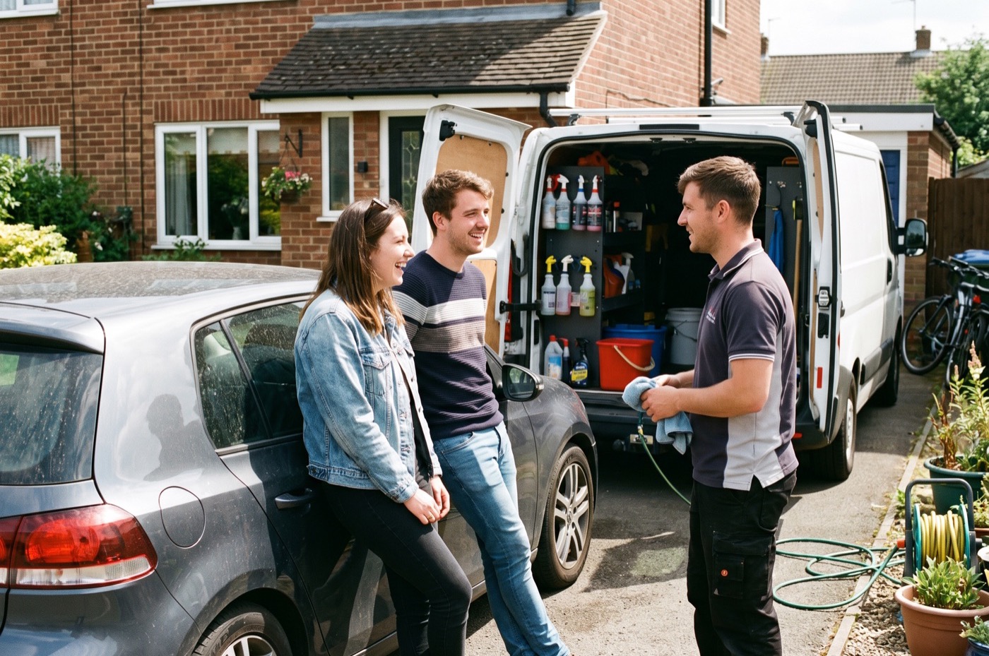 Two friends chat with a mobile detailer beside a hatchback on a driveway, his van's rear doors open to show the equipment