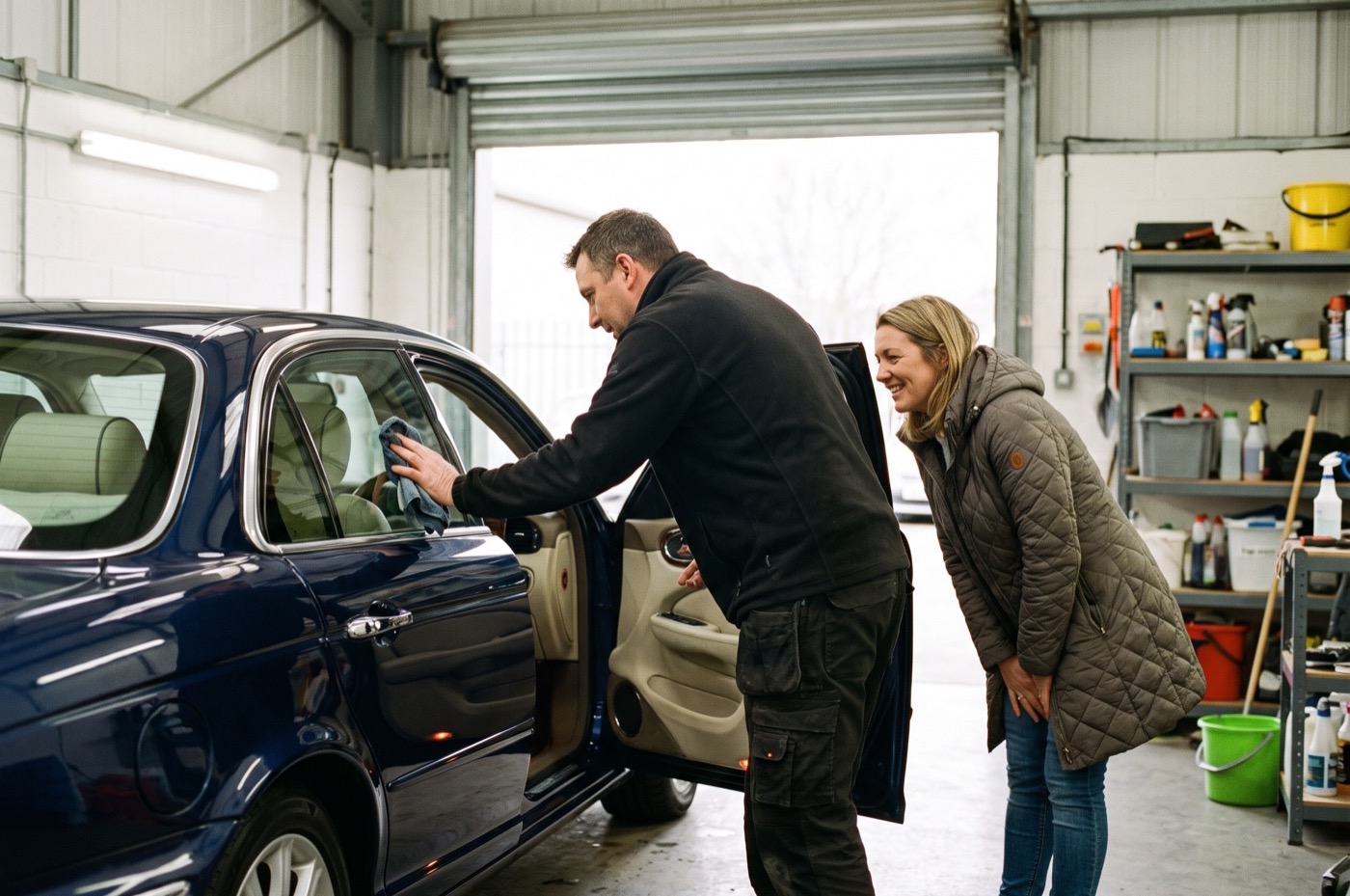 A detailer shows a customer the cream leather interior of a blue saloon with the rear door open in a bright unit