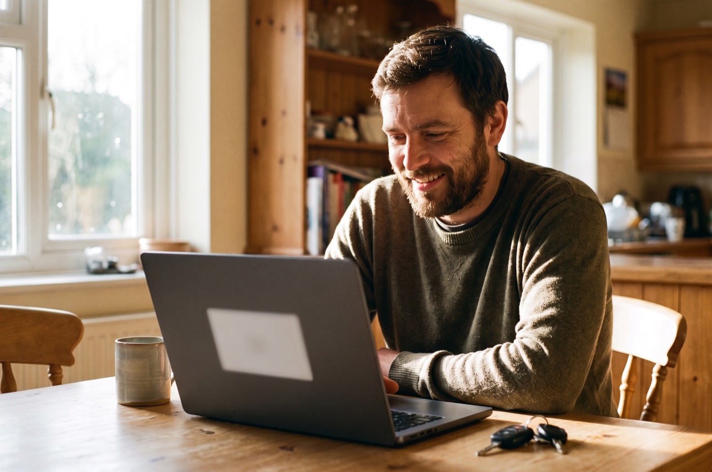 A bearded man reads on a laptop at a sunny kitchen table with a mug of tea and his car keys beside him