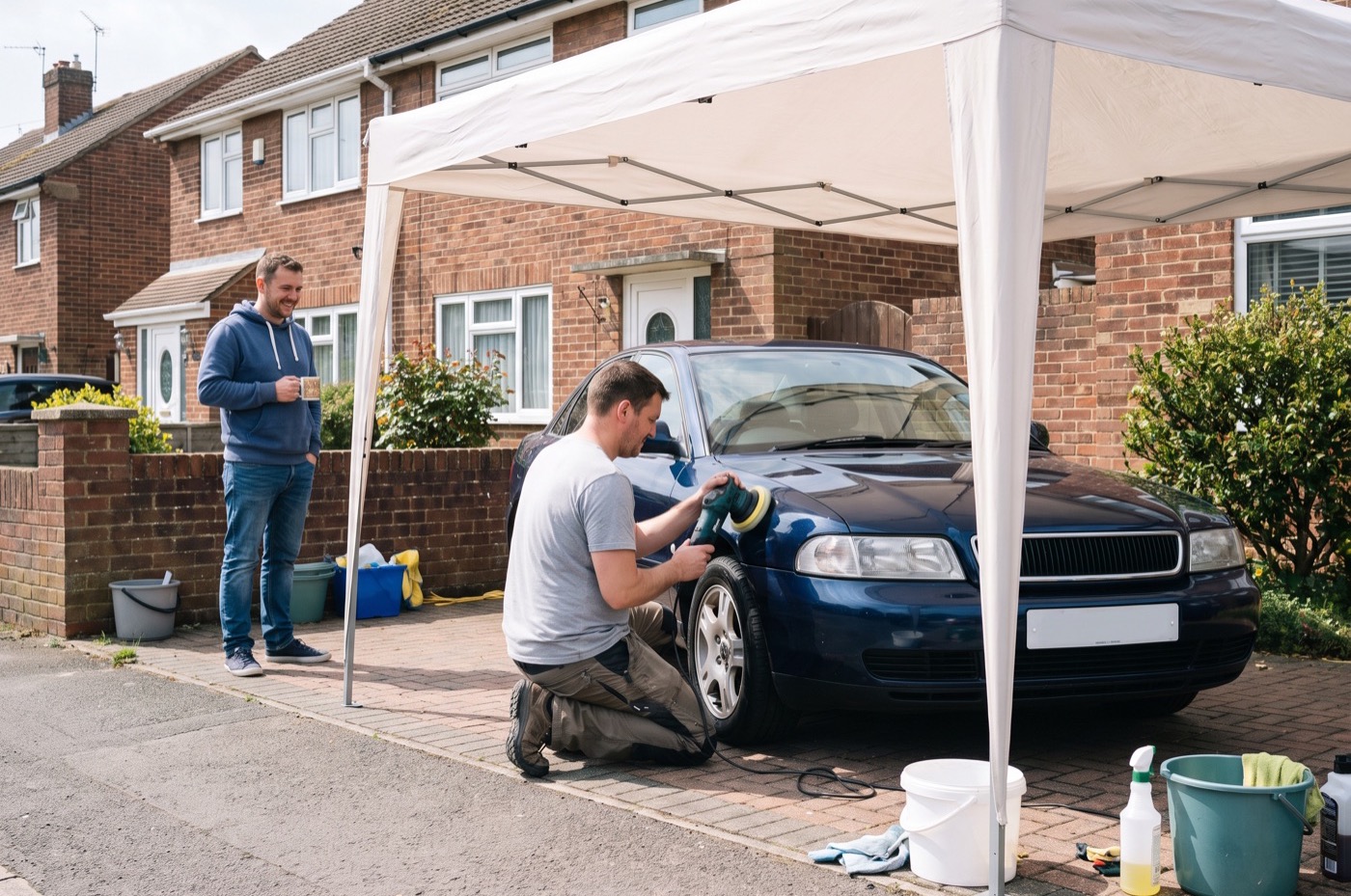 A mobile detailer polishes the wing of a blue saloon under a white pop-up gazebo while the customer watches with a coffee