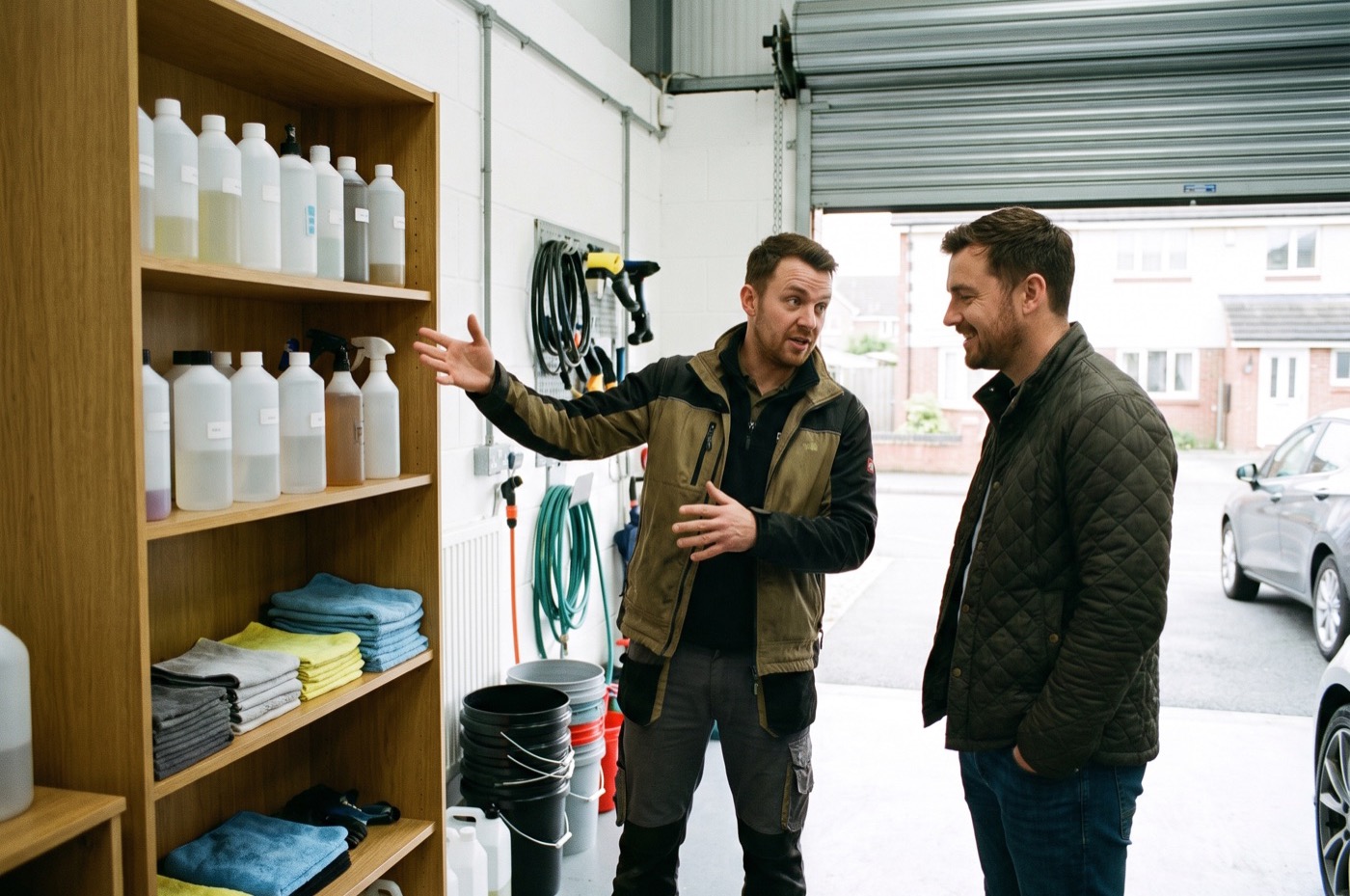 A detailer explains the bottles and microfibre cloths on a shelf in a tidy unit while a customer nods
