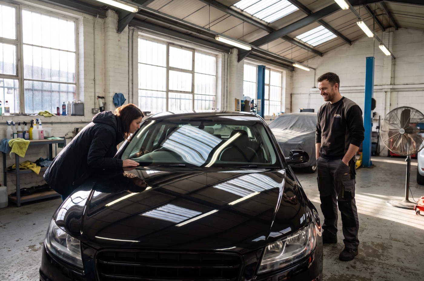 A customer leans in to inspect the reflection of the ceiling lights in the glossy bonnet of a freshly detailed black saloon