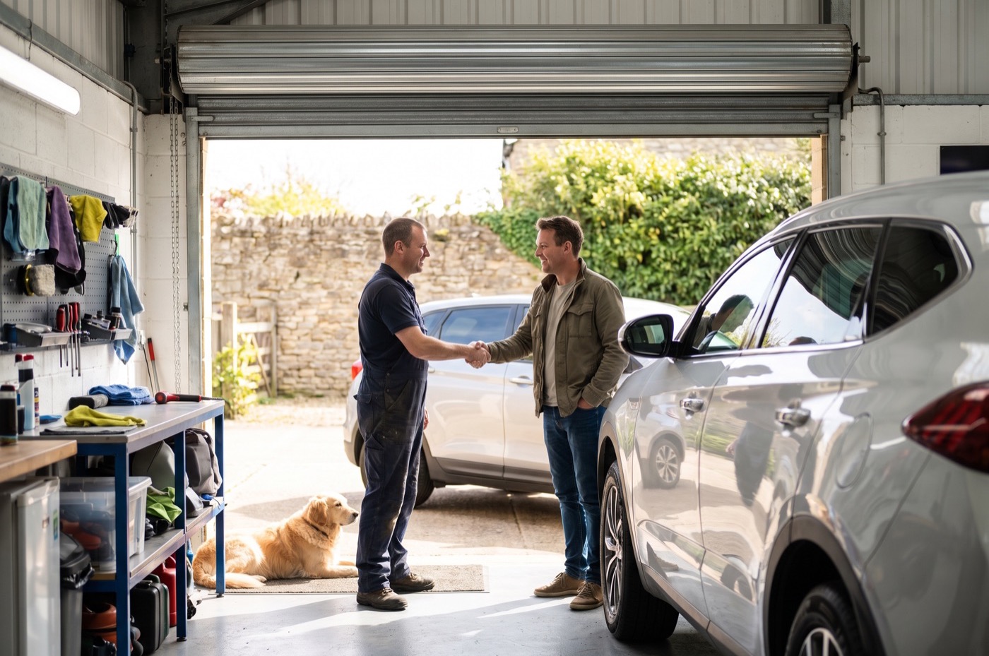 A detailer and a customer shake hands beside a silver SUV in a bright unit while a Golden Retriever lies on the floor
