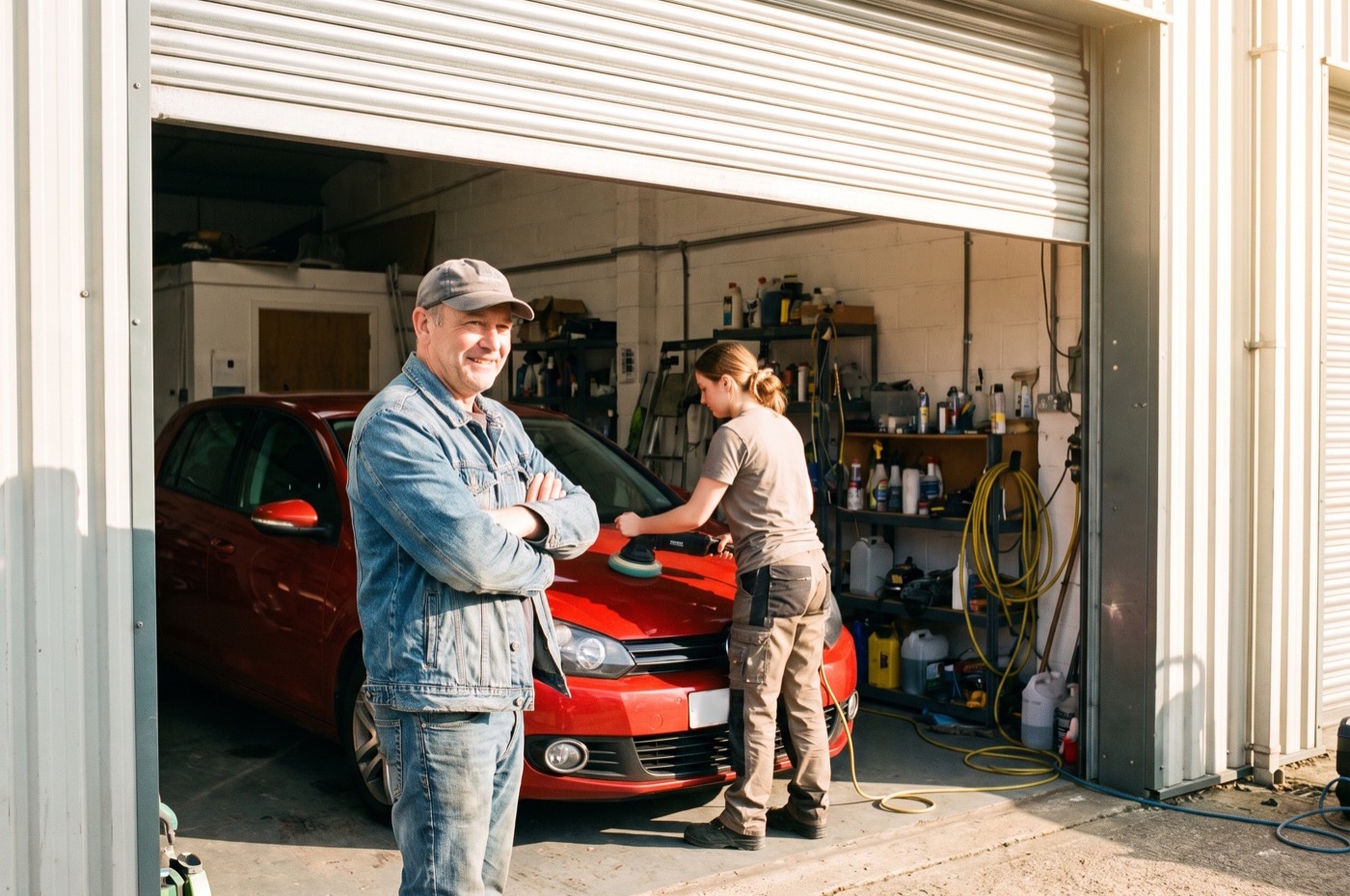 A customer stands at the open shutter of a detailing unit, arms folded and smiling, watching a detailer polish a red car inside
