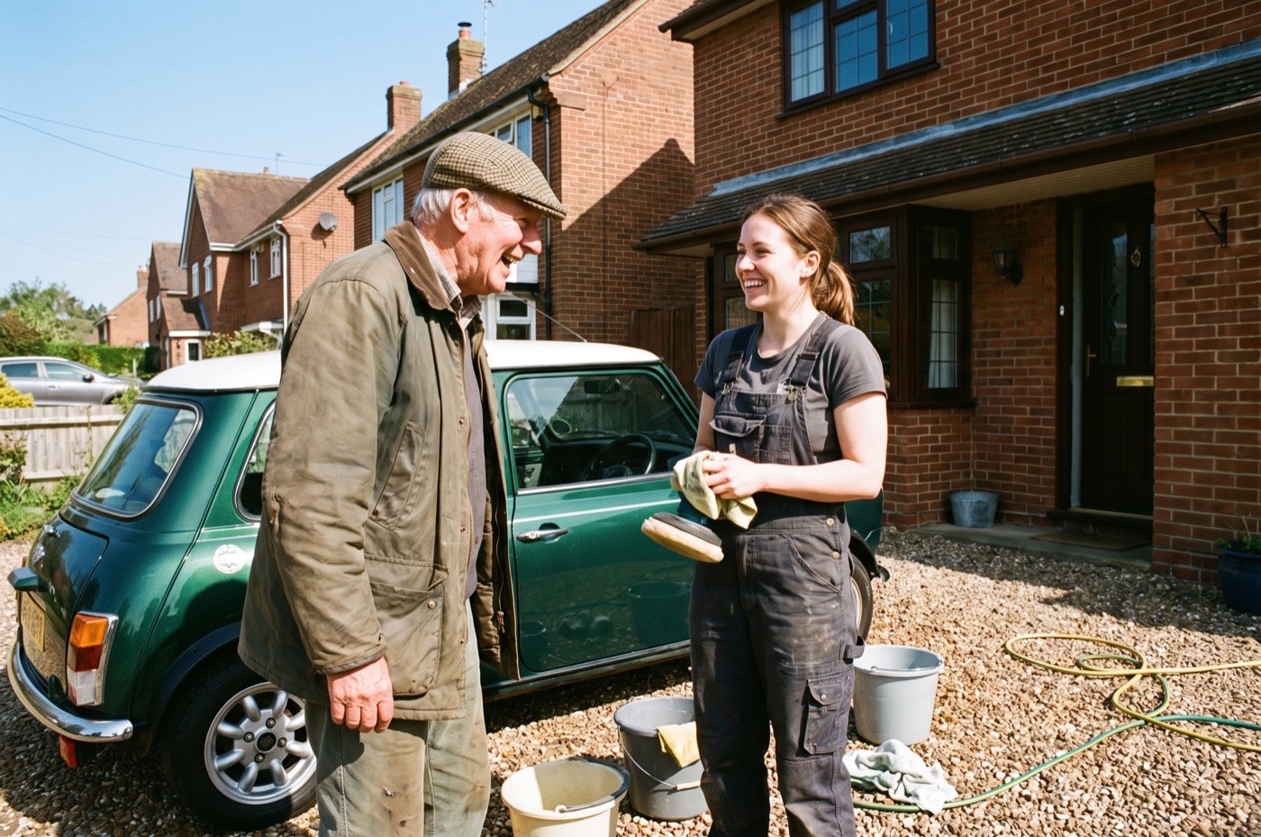 An older man in a flat cap laughs with a young detailer beside his classic green Mini on a gravel driveway