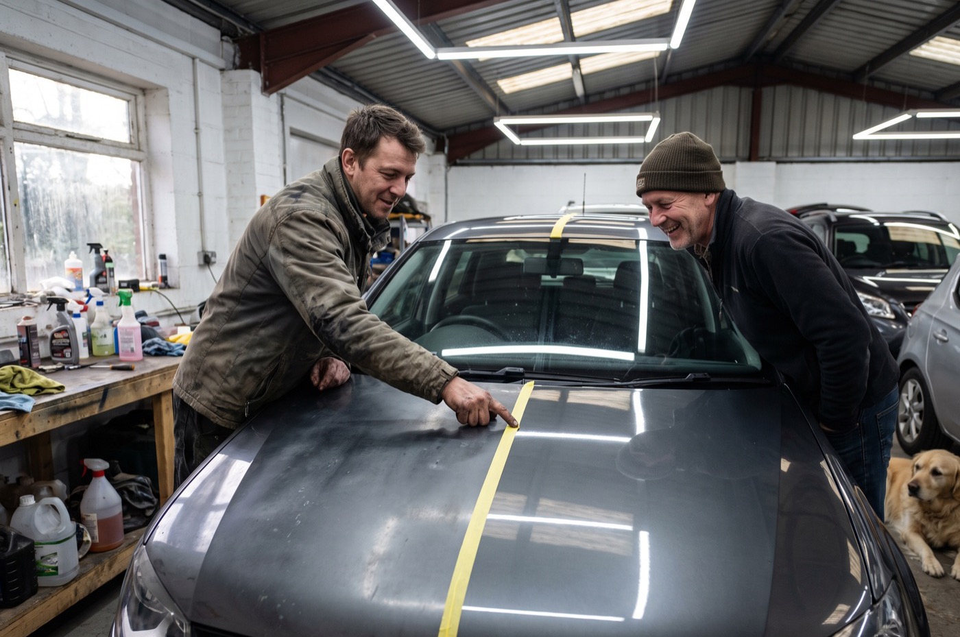 A detailer points to a strip of masking tape dividing the dull and polished halves of a dark grey bonnet under workshop lights