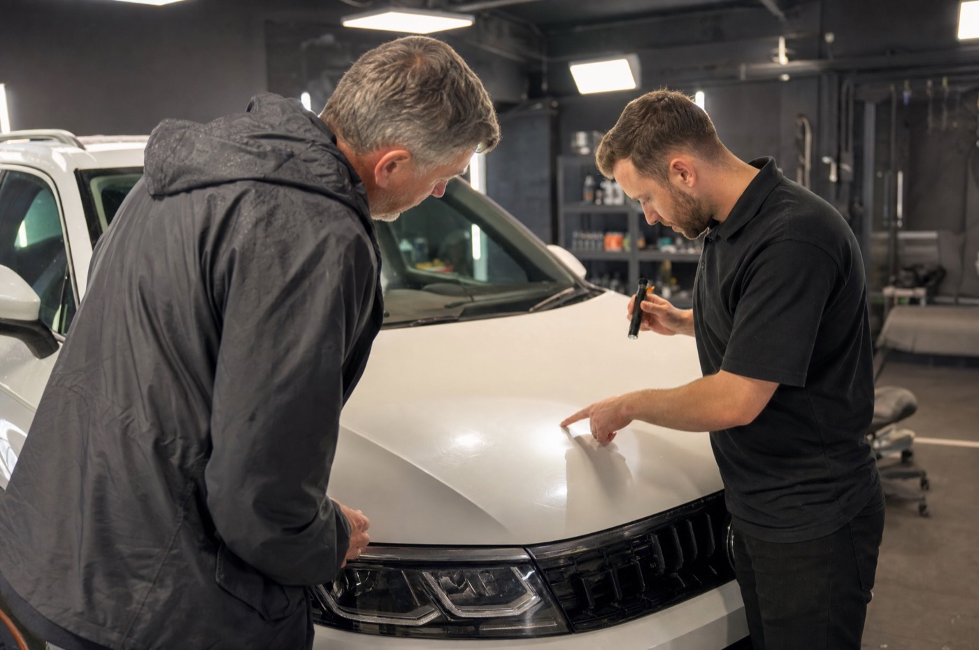 A car owner talking with a detailer beside the car in a workshop unit