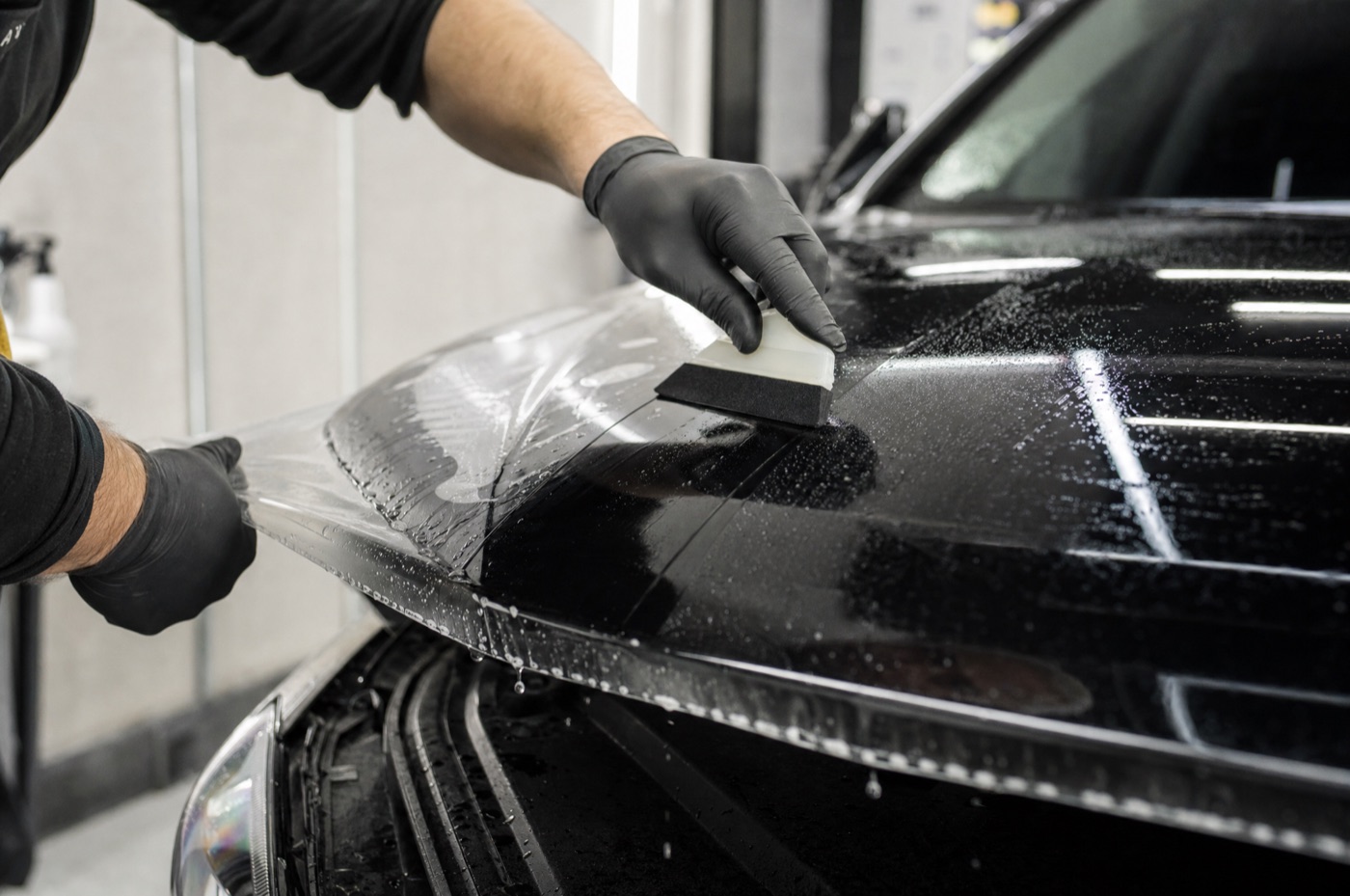 A detailer applying a sheet of paint protection film to the front bumper of a car