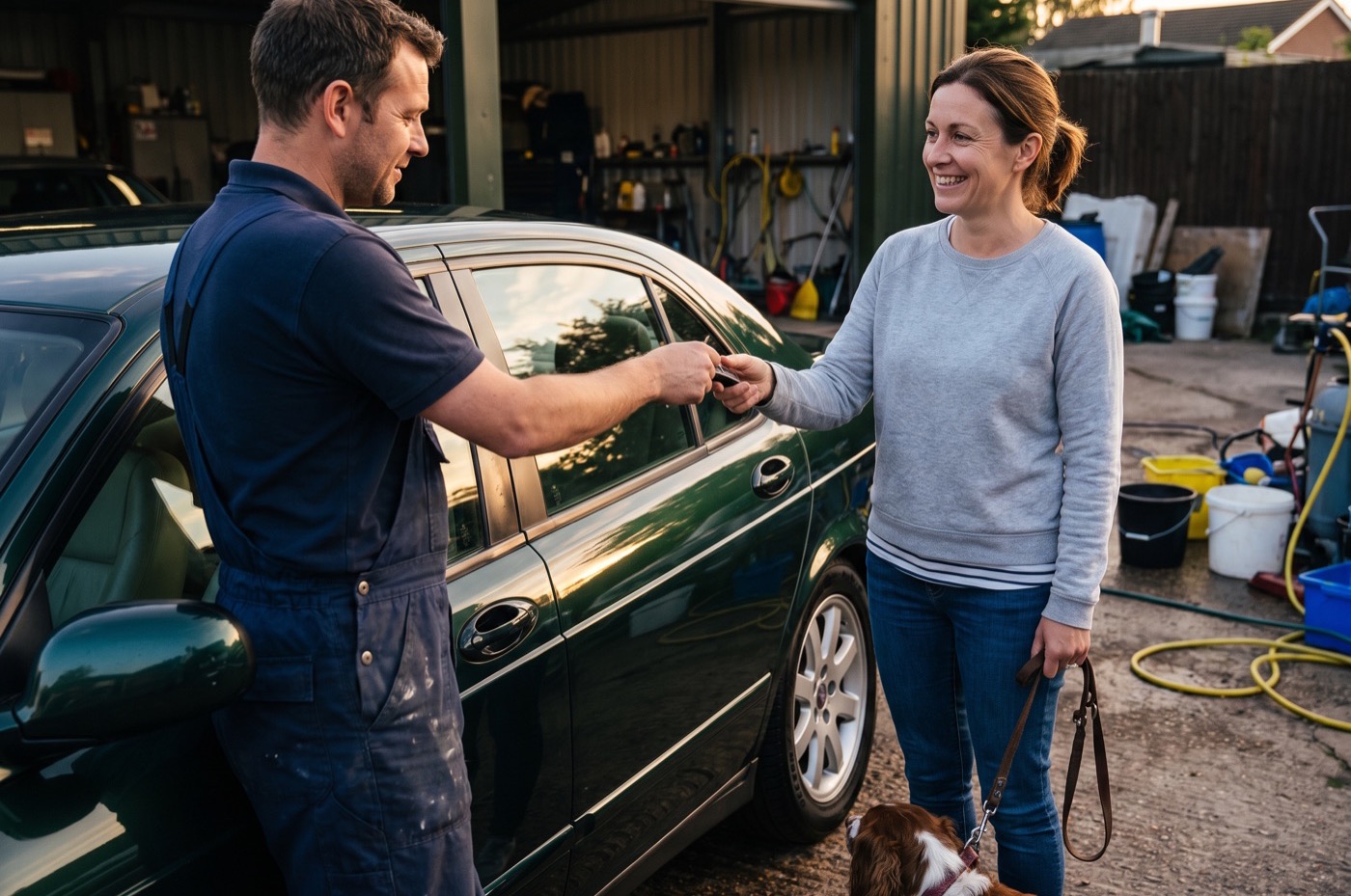 A detailer hands car keys to a smiling customer beside her gleaming dark green saloon in low evening sun outside a unit