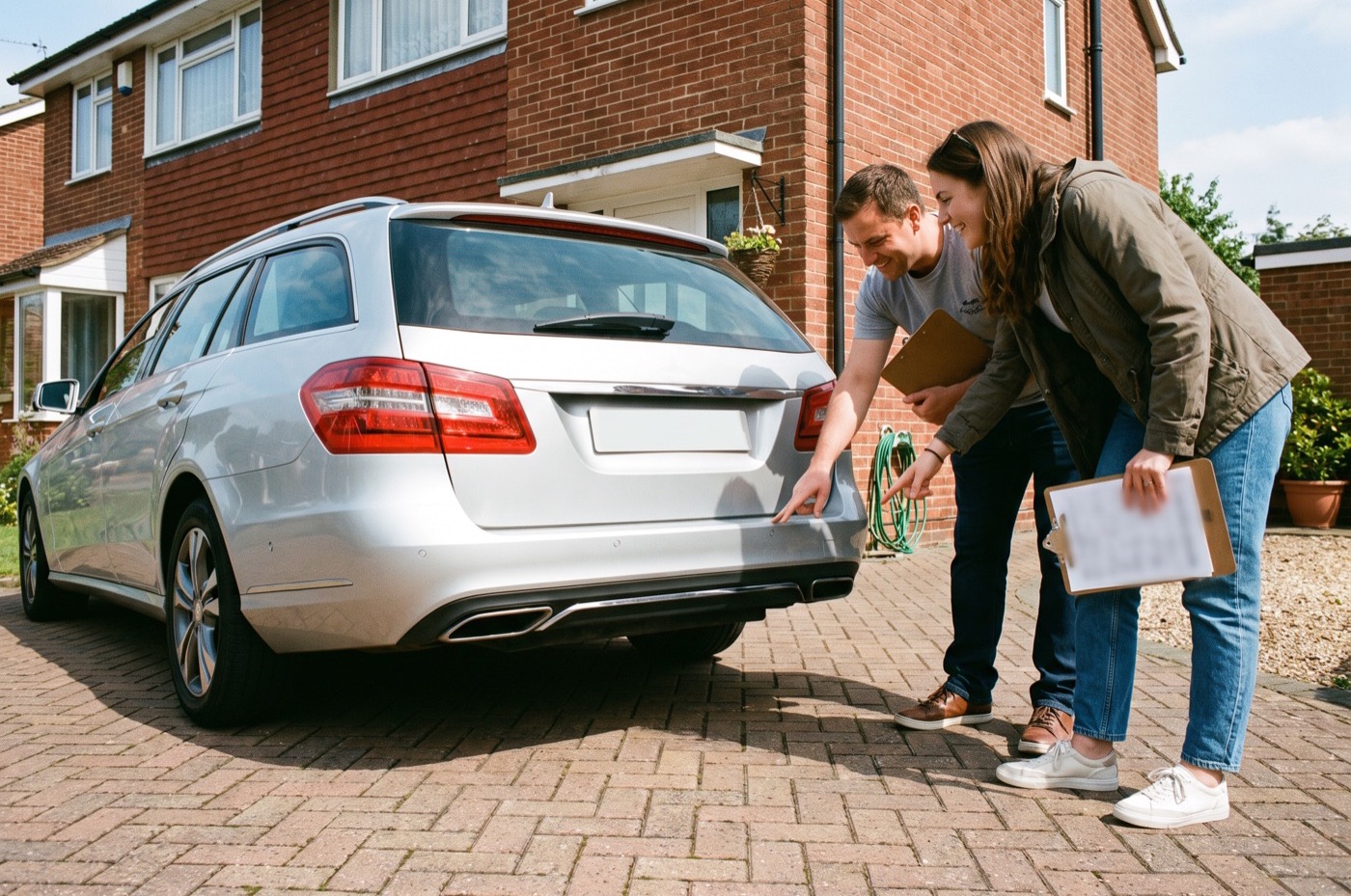 A detailer with a clipboard and a car owner crouch to look at the rear bumper of a silver estate car on a sunny block-paved driveway