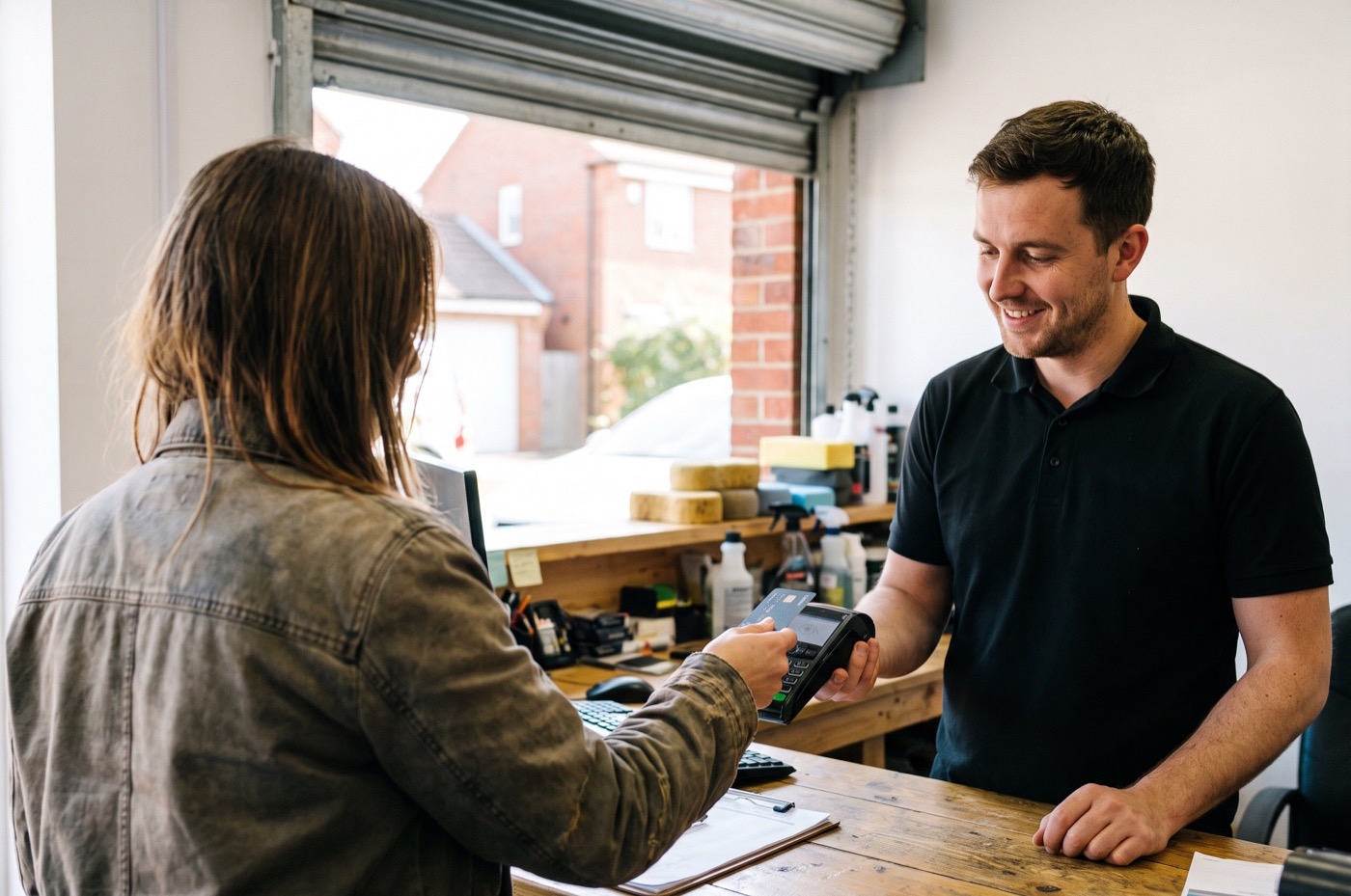 A customer taps her bank card on a handheld reader held by a smiling detailer at the reception counter of a bright unit
