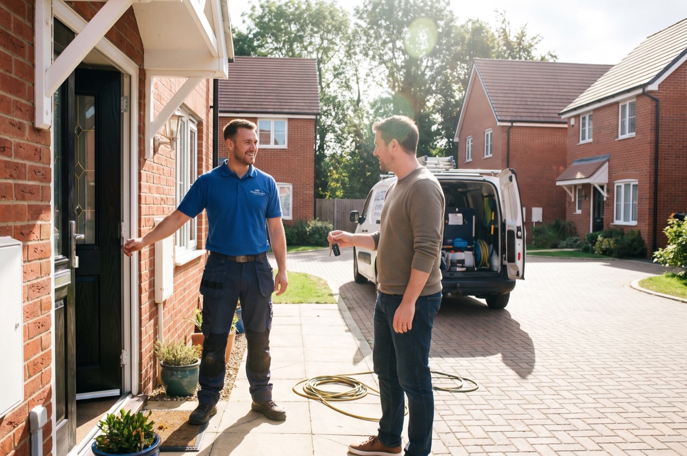 A mobile valeter talks with a customer at the front door of a red-brick house, his van parked on the drive behind