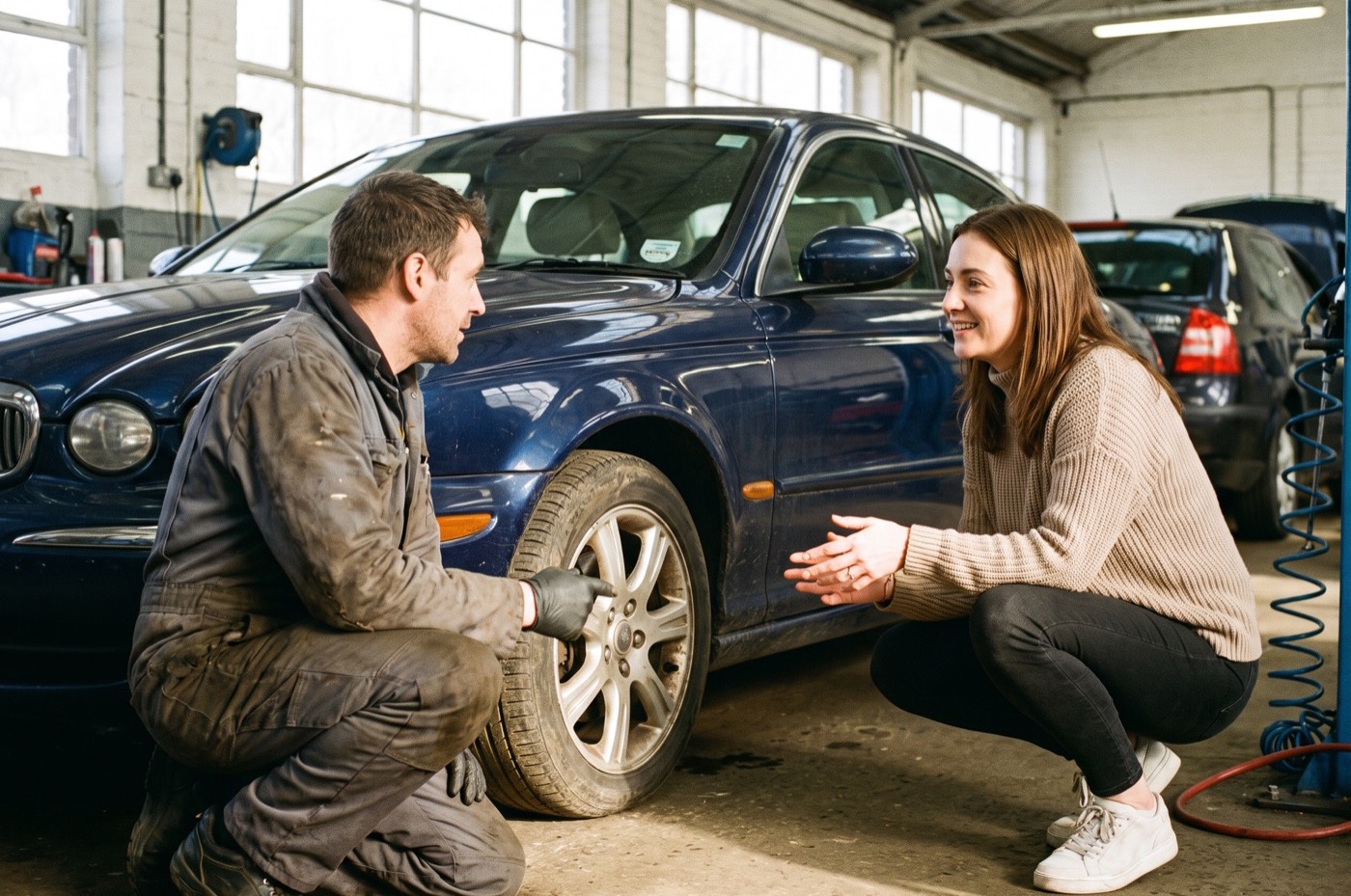 A detailer and a customer crouch at the front wheel of a dark blue saloon in a bright workshop, looking at brake dust on the alloy
