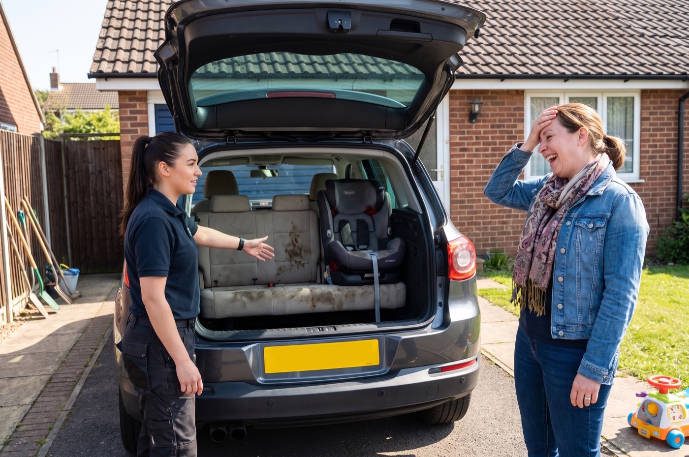 A detailer shows a laughing customer the stained back seat and child seat of her family SUV on a sunny driveway