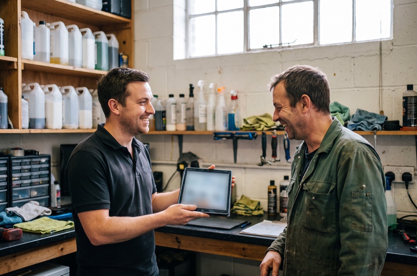 A detailer at a small desk in the corner of a tidy unit shows a customer in a work jacket something on a tablet