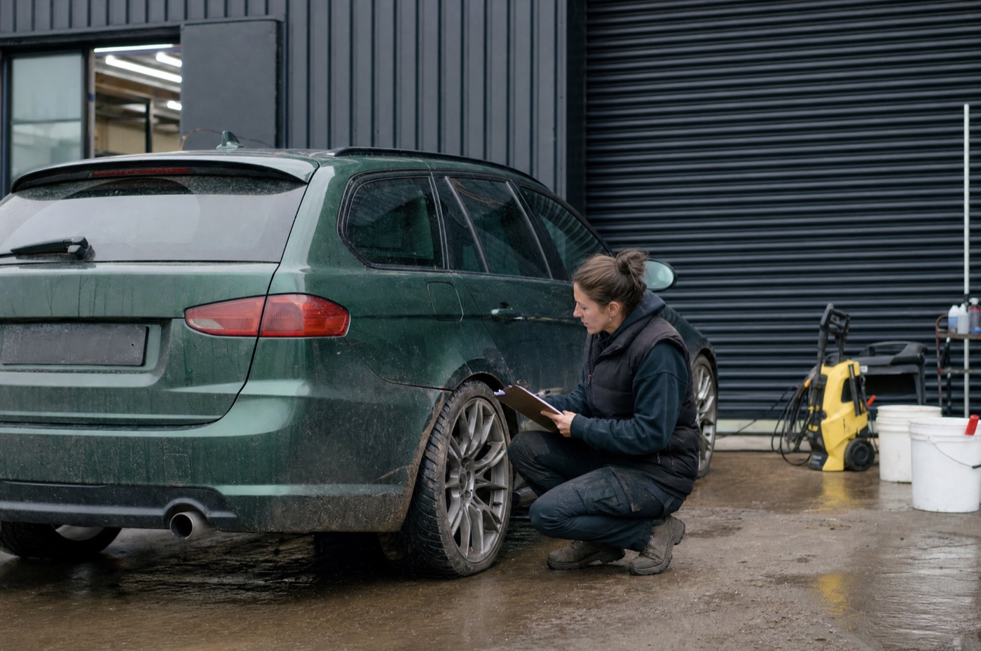 A detailer handing over a price list to a customer at the workshop counter